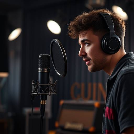 Image of a voice actor speaking into a microphone in a recording studio